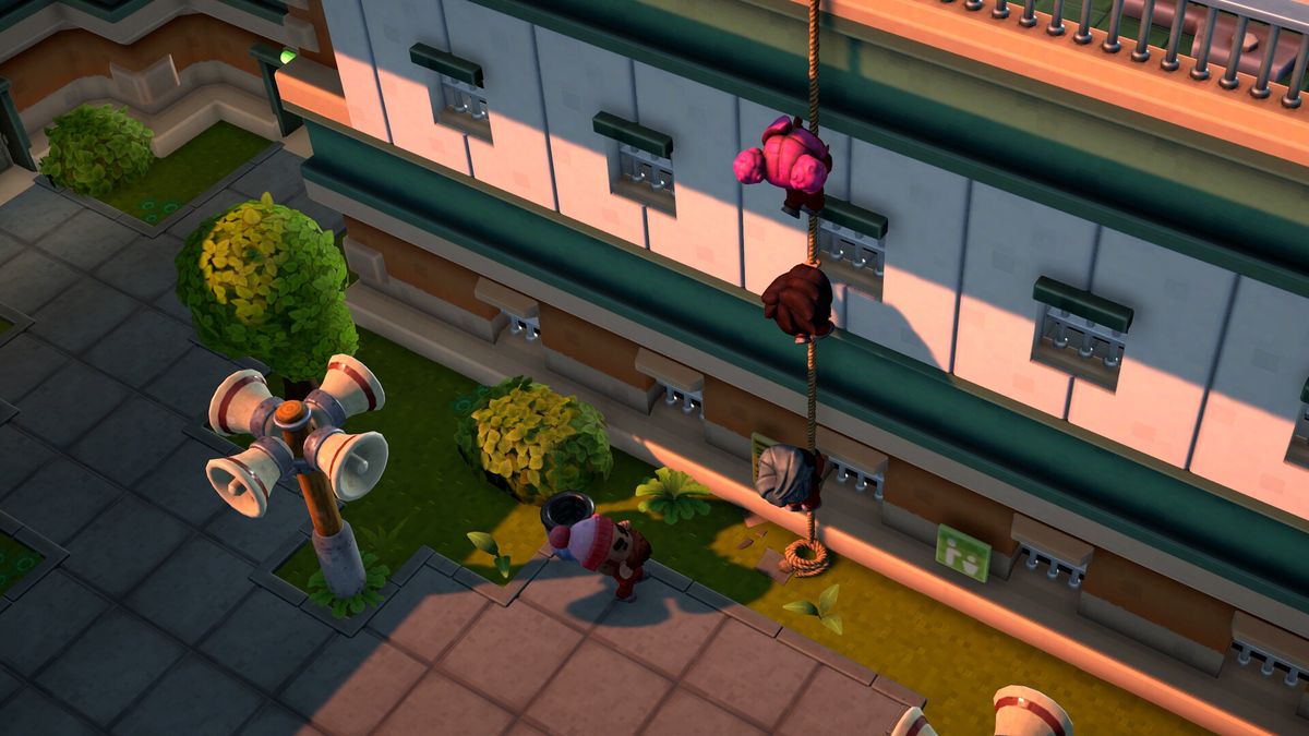 An inmate climbs a rope up the side of a prison building — official screenshot