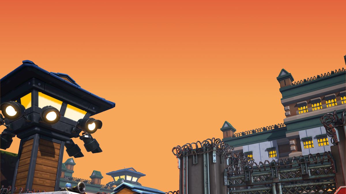 A prison gate and watchtower at dusk — official Escapists 3 artwork