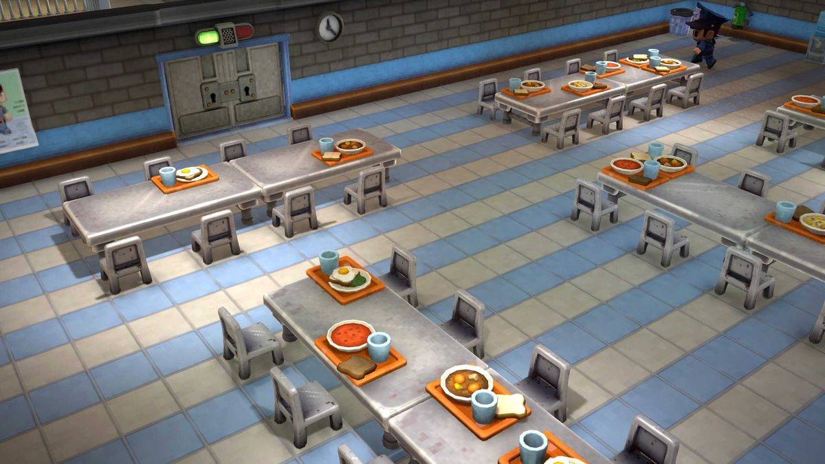 The cafeteria — long tables and checkered tiles