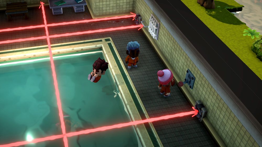 Security beams sweep a pool area — one of the prison's guarded spaces